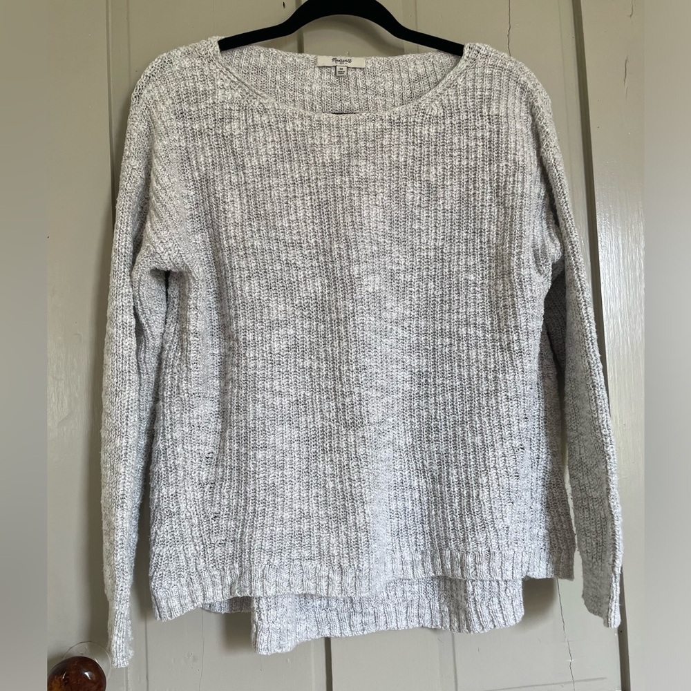 Madewell Light Gray Cotton Crew Neck Sweater with Textured Knit Flowy Coverup - Picture 4 of 9